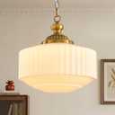 Vintage Brass Milk Glass Pendant Light, 14.2in Drum Chandelier