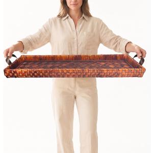 38" Extra Large Handwoven Decorative Tray with Handles | Handwoven Tray with a Sturdy Wood Base, Ideal for Dining Table Centerpieces, Console Tables and Stylish Home Decor