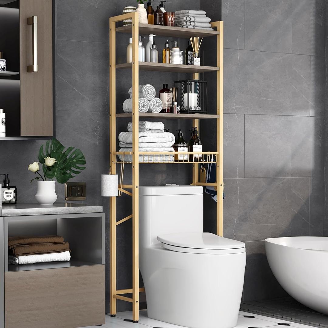 Kalrin Over-The-Toilet Storage Rack, 4-Tier Bathroom Organizer Shelf Over Toilet with Adjustable Shelf and Basket, Freestanding Space Saver Bathroom Shelves Above Toilet for Room (MetalWood-Gray)