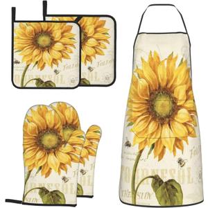 Sunflowers Oven Mitts and Pot Holders Sets with Apron 5Pcs Heat Resistant Vintage Sunflower Bee Kitchen Mitten Gloves and Non-Slip Potholders Apron Sets Oven Gloves Hot Holders for Baking