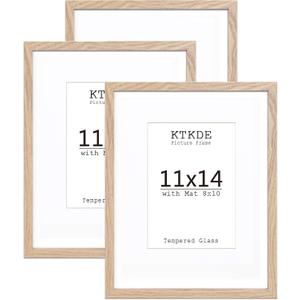 KTKDE 11x14 Picture frame Set of 3, 8x10 mat or 11x14 Without Mat,Nature Wooden Frame Real Glass 11 by 14 Studio Gallery for Wall Art, Poster Frame home Friends Wedding best gift (Natural Woodgrain)