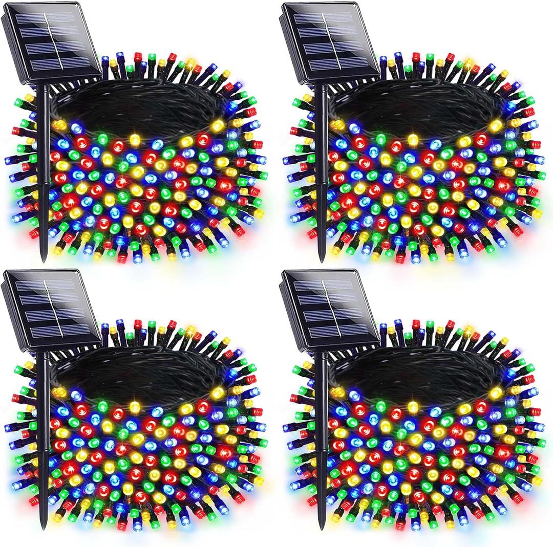 4 Pack 180FT Solar Christmas Lights Outdoor Waterproof, Super Bright 320 LED Solar String Lights with 8 Lighting Modes, Green Wire Solar Twinkle Tree Lights for Outside Xmas Party Yard(Multi-Colored)