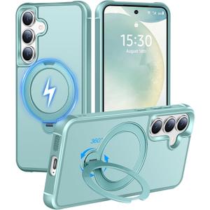 HuwaiH 360° Rotatable Magnetic Ring Stand for Samsung Galaxy S24 Plus/S25 Plus Case, Compatible with MagSafe, Military-Grade Shockproof, Anti-Scratch Matte Translucent Phone Case(Lake Blue)