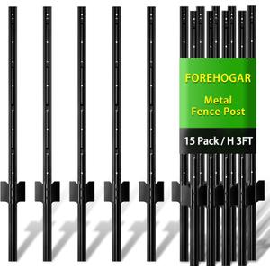 Metal Fence Post 3 Feet Black, Pack of 15, T Posts for Wire Fence, No Dig Steel U Posts Fencing for Lawn Garden Wire Mesh Fence Poles Sign Outdoor Light Duty