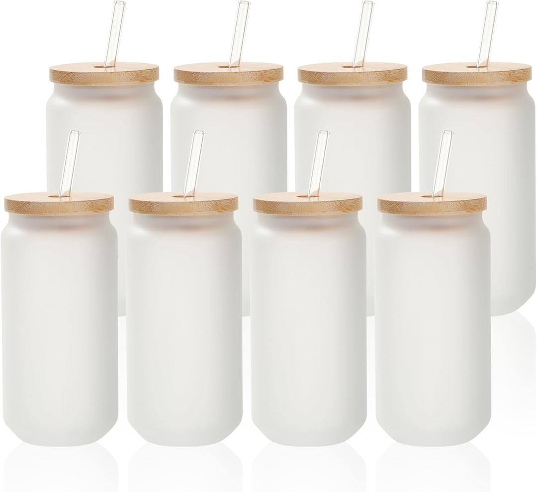 PYD Life 8 Pack Sublimation Glass Cans Blanks Frosted Bulk18 OZ with Bamboo Lid and Clear Glass Straw Beer Cans Wide Mouth Jar Tumbler Cups Mugs for Iced Coffee,Juice,Soda,Drinks,Beer