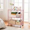 BRIAN & DANY 3-Tier Foldable Storage Shelves with Wheels, No Assembly Folding Shelf Metal Rack, Shelving Unit for Kitchen, Garage, Pink