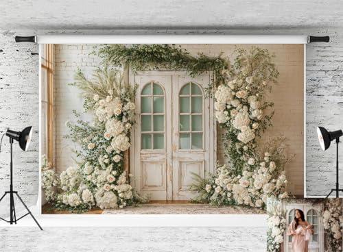 Kate Spring White Door Backdrop Wedding Floral Background White Flower Photo Background Studio Props,10x6.5ft