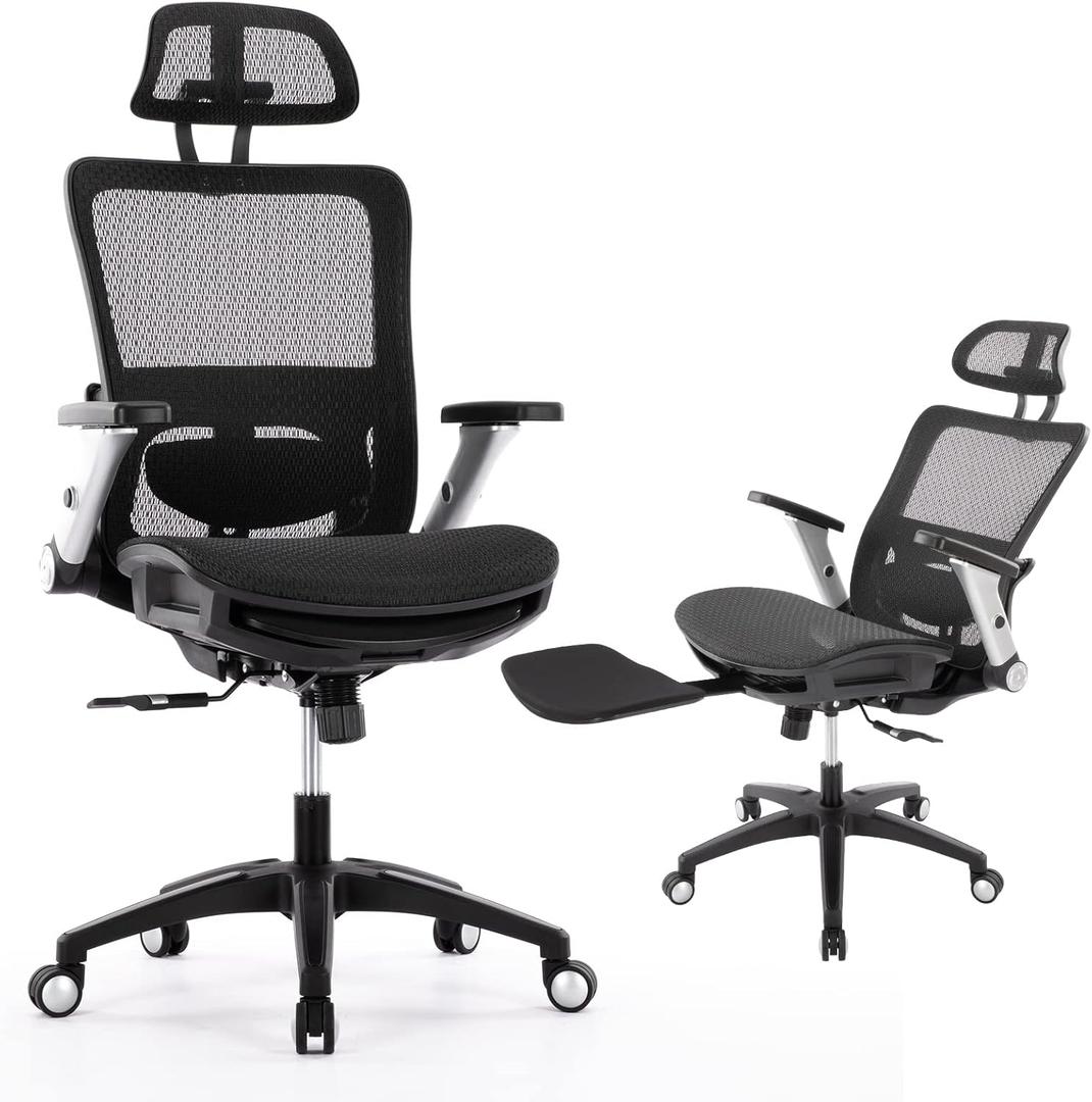 COLAMY Ergonomic Mesh Office Chair with Footrest, High Back Computer Executive Desk Chair with Headrest and 4D Flip-up Armrests, Adjustable Tilt Lock and Lumbar Support-Black