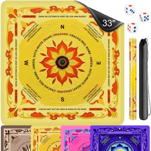 Neoprene Mahjong Mat with Rules, 33x33 Inch Mahjong Mat for Table, Non-Slip Noise Reduction Mah Jongg Mat with Carrying Bag and 3 Dice for Poker, Card, Board, Tile Games, Dominoes (Yellow)