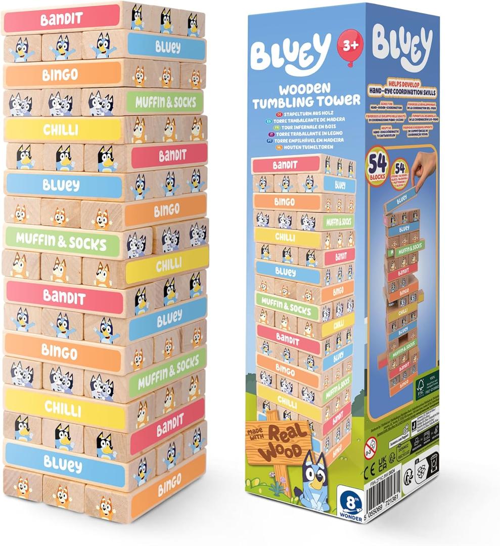 Bluey 8th Wonder Stackable Tumbling Tower Game, Robust Wooden Stacking Game with 54 Illustrated Colored Blocks, Fun Balancing Toy for Kids Ages 3+