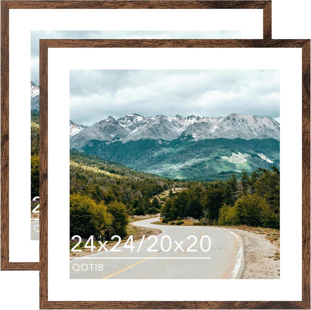 Wood 24x24 Picture Frame with 20x20 Mat Deep Brown, Display 20x20 with Mat or 24x24 without Mat, Wood 24 by 24 Photo Frame, 24 x 24 Frame for Wall Hanging Display, Deep Brown, 2 Pack