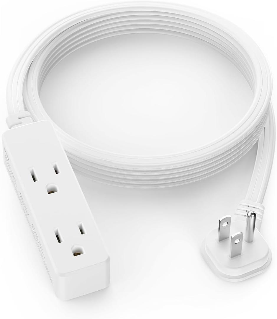 Flat Plug Extension Cord with 3 Outlets - 8 ft White Low Profile Indoor 3 Prong Grounded Power Strip for Home Office & Travel - 16/3 AWG, 13A/1625W