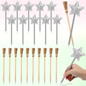 Watersay 24 Pack Princess and Witch Party Favors Including 12 Pcs Star Shape Ballpoints and 12 Pcs Witch Broom Pens Silver Pentagram Wand Broom Shape Pens for Party Supplies Decorations Gifts