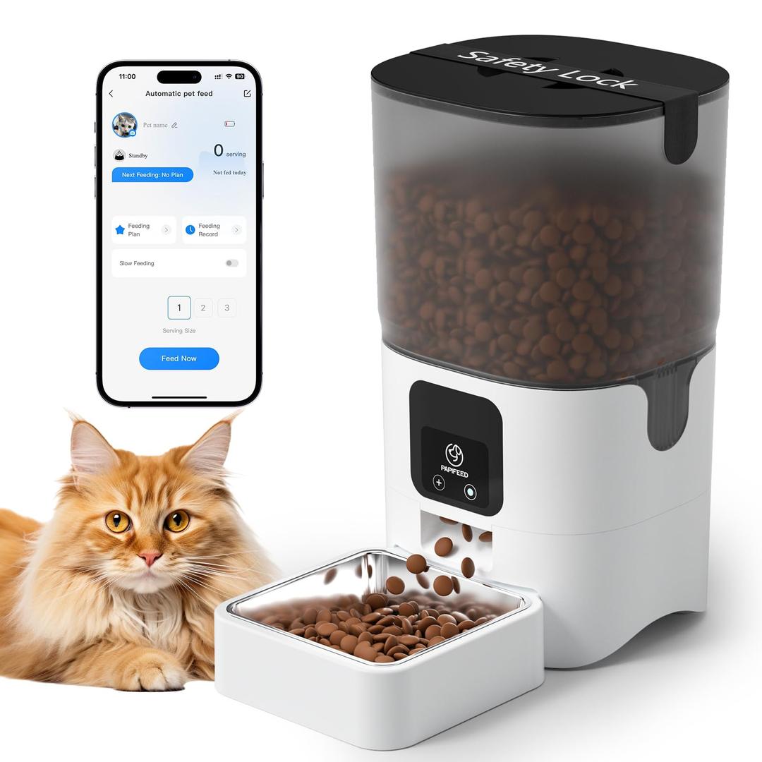 PAPIFEED Automatic Cat Feeder with App, 2.4G WiFi Cat Food Dispenser, 6L Timed Cat Feeder for Dry Food, 10 Meals/Day, 12 Portions/Meal, Dual Power Supply Smart Pet Feeder for Dog, White