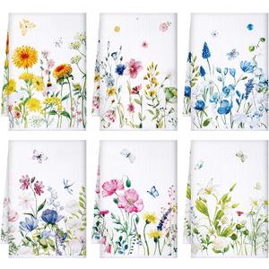 Geyoga 6 Pcs Summer Floral Kitchen Towels Flamingo Dish Hand Towels Sunflower Daisy Flower Wildflower Tea Cloths for Kitchen Bathroom Decor,16 x 24 Inch(Assorted Color,Colorful Flower)
