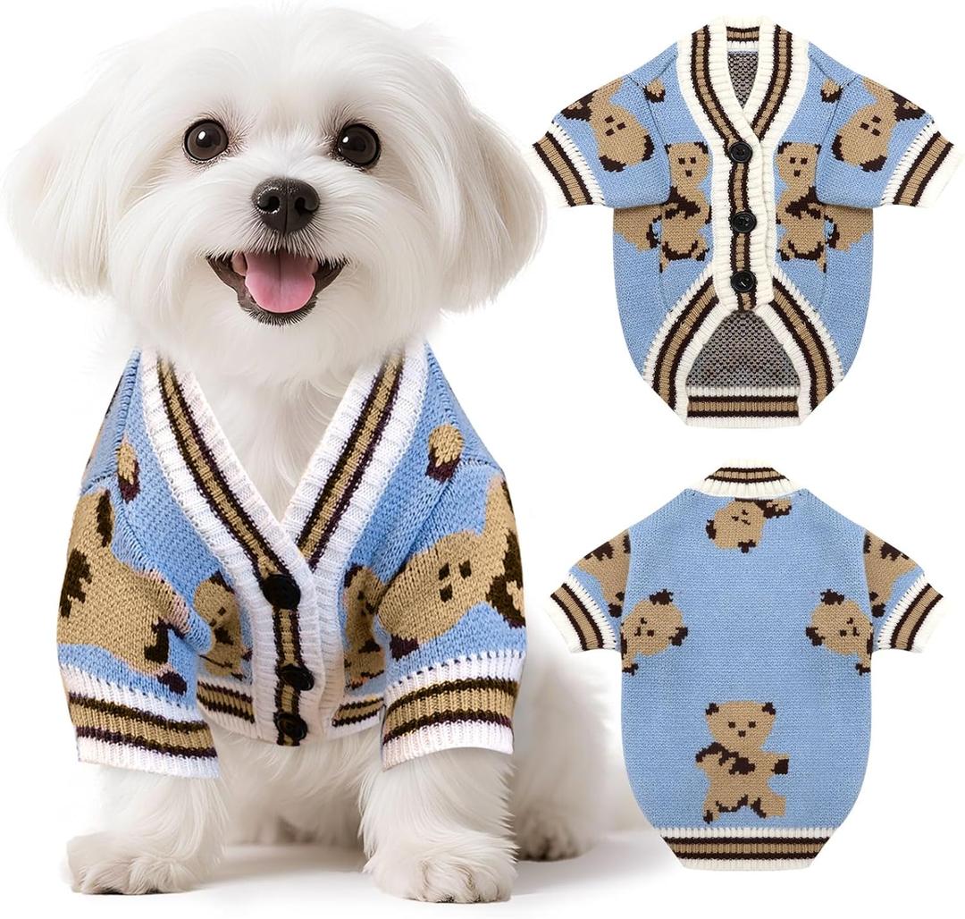 Small Dog Sweaters Cute Bear Knitted Dog Cardigans Clothes for Small Medium Dogs Soft Pet Puppy Cat Knitting Outfits Fall Winter Warm Boy Girl Dogs Knitwear Coat ApparelBlue,Small