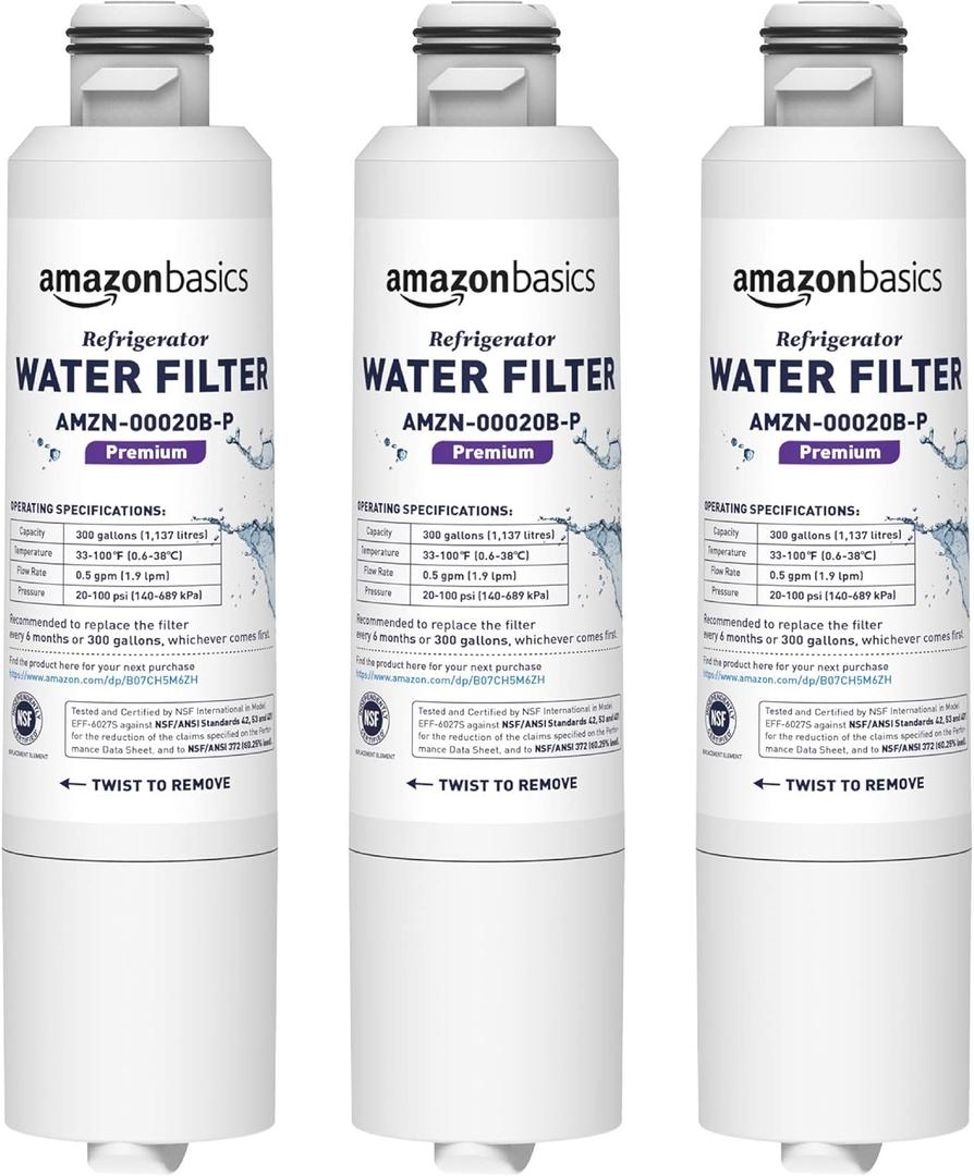 Amazon Basics Replacement Samsung DA29-00020B Refrigerator Water Filter Cartridge, NSF Certified, Reduces Contaminants, 3-Pack
