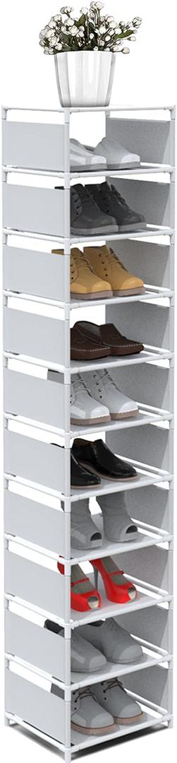 Narrow Shoe Rack, 10 Tier Vertical Shoe Rack for Closet Entryway, White Tall Slim Shoe Tower for Small Spaces, Shinky Shoe Organizer, Space Saving Corner Shoe Shelf
