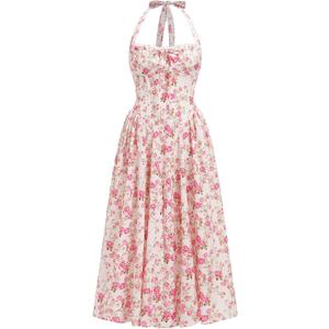 OBEEII Women Floral Corset Dress Halter Neck Low Cut Bustier Midi Dress Flowy Pleated Hem Summer Sundress with Pockets (Large, White-red Floral)