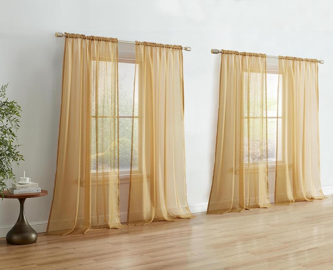 HLC.ME Gold Sheer Voile Curtains: Light Filtering Window Treatment Coverings Rod Pocket Panels for Bedroom and Living Room (Set of 4, 54 x 84 Inches Long)