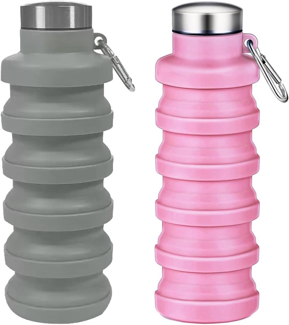 Collapsible Water Bottles, 16oz Capacity Portable Reusable Silicone Water Bottle, Leak-proof, with buckle, foldable storage, Lightweight Durable for Fitness, Cycling, Sports, Camping, Hiking (Grey+Pink)