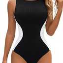 Blooming Jelly Women One Piece Tummy Control Swimsuit Ribbed Color Block Bathing Suits Backless High Neck Swim Suit XL