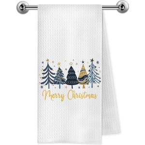 Blue and Gold Christmas Tree Kitchen Towels, Farmhouse Christmas Decor, Winter Holiday Xmas Pine Tree Decorative Dish Tea Hand Towels for Kitchen Bathroom, 16x24 Inch shusanta
