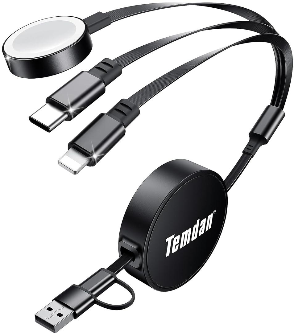 Temdan for Retractable Multi Charging Cable, 3 in 2 USB C Cable for Apple Watch Charger/USB C/Lightning, Retractable Car Charger for Multi Travel Essentials for iWatch & iPhone 17-12
