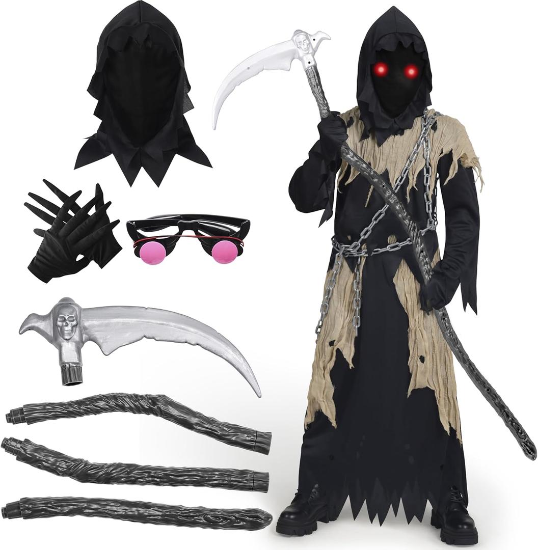 Spooktacular Creations Glowing Eyes Kids Grim Reaper Costume, Halloween Costume for Boys, Grim Reaper Outfit (Medium(8-10 yrs), Brown)