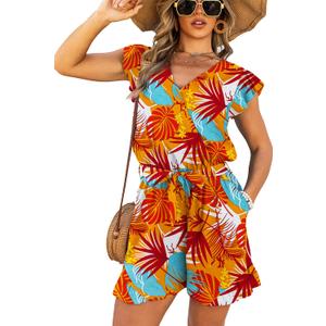 VERABENDI Women’s Tropical Romper Vacation Outfit – V Neck Flutter Sleeve Tie Waist Beach Romper for Cruise, Resort & Island (Orange, M)