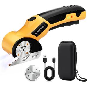 4V Cordless Electric Scissors, Quick Cutting LED Light & Safety Lock, 2-Blade Rotary Cutter for Cardboard, Fabric, Carpet, Leather, Rechargeable with Storage Box (Yellow)