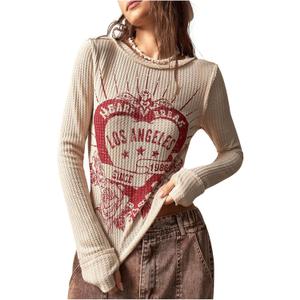 Women's Letter Graphic Tees Waffle Knitted Crew Neck Long Sleeve T Shirts Crop Tops (Beige, S)