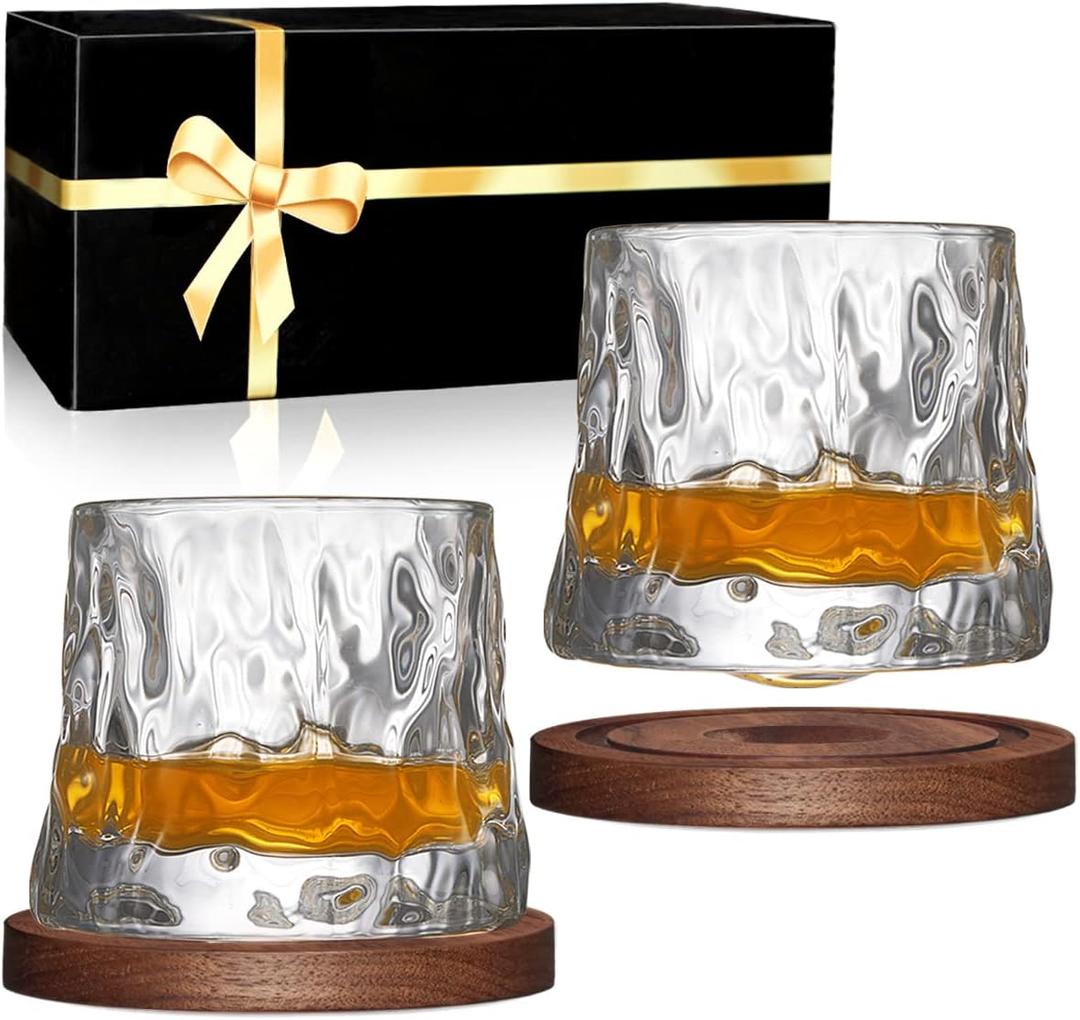 Whiskey Glasses Set of 2, Rotatable Tumbler Crystal Glass Cups, Drinking Glasses with 2Pcs Creative Walnut Coasters and Gift Box - for Scotch,Bourbon,Cocktails