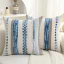Boho Pillow Covers 18x18 Set of 2 for Couch-Modern Farmhouse Sofa Decorative Blue Throw Pillow Covers Textured Chenille Cushion Covers Outdoor Netural Bohemian Pillow Cases Square