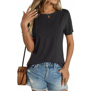 Micticsi Womens Short Sleeve T Shirts Pleated Dressy Casual Crewneck Loose Fit Tee Trendy Summer Tops Blouses 2025 Size XL