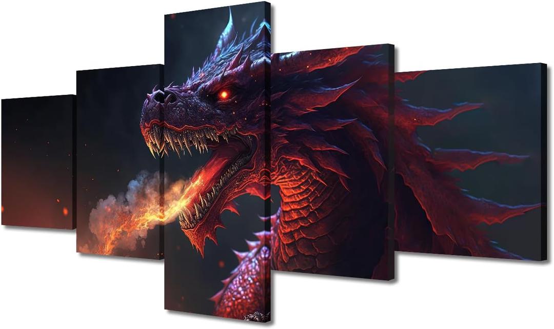 5 Piece Wall Decorations for Living Room Dragon Wall Art Dragon Poster Prints on Canvas Modern Dragon Home Decor Framed Ready to Hang (50"Wx24"H) (Artwork-04)