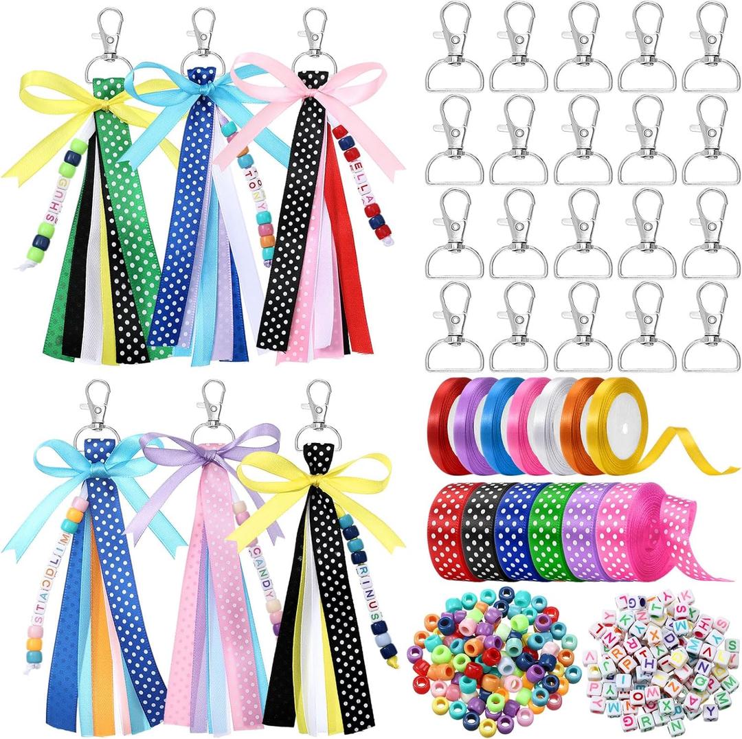 Zeyune 233 Pcs 20 Set DIY Bead Keychain Making Kits Bag Charm Beads Making Craft Ribbon Bow Key Chain Letter Alphabet Keychain Jewelry Accessories for Mothers Day Gifts Jewelry Make Party Favor (Multicolor)