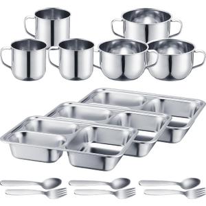 Tioncy 15 Pcs Stainless Steel Kids Dinnerware Set Stainless Steel Toddler Plates and Bowls Set Divided Plates Cups Bowls Forks and Spoons 3 Compartment Dinner Dish for Babies Toddlers and Kids