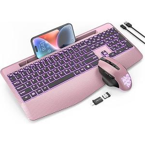 Wireless Keyboard and Mouse Backlits, Wrist Rest, LED Mouse, Rechargeable Ergonomic Keyboard with Phone Holder, Silent Light Up Combo for Computer, Mac, PC, Laptop, Chromebook (Rose Gold)