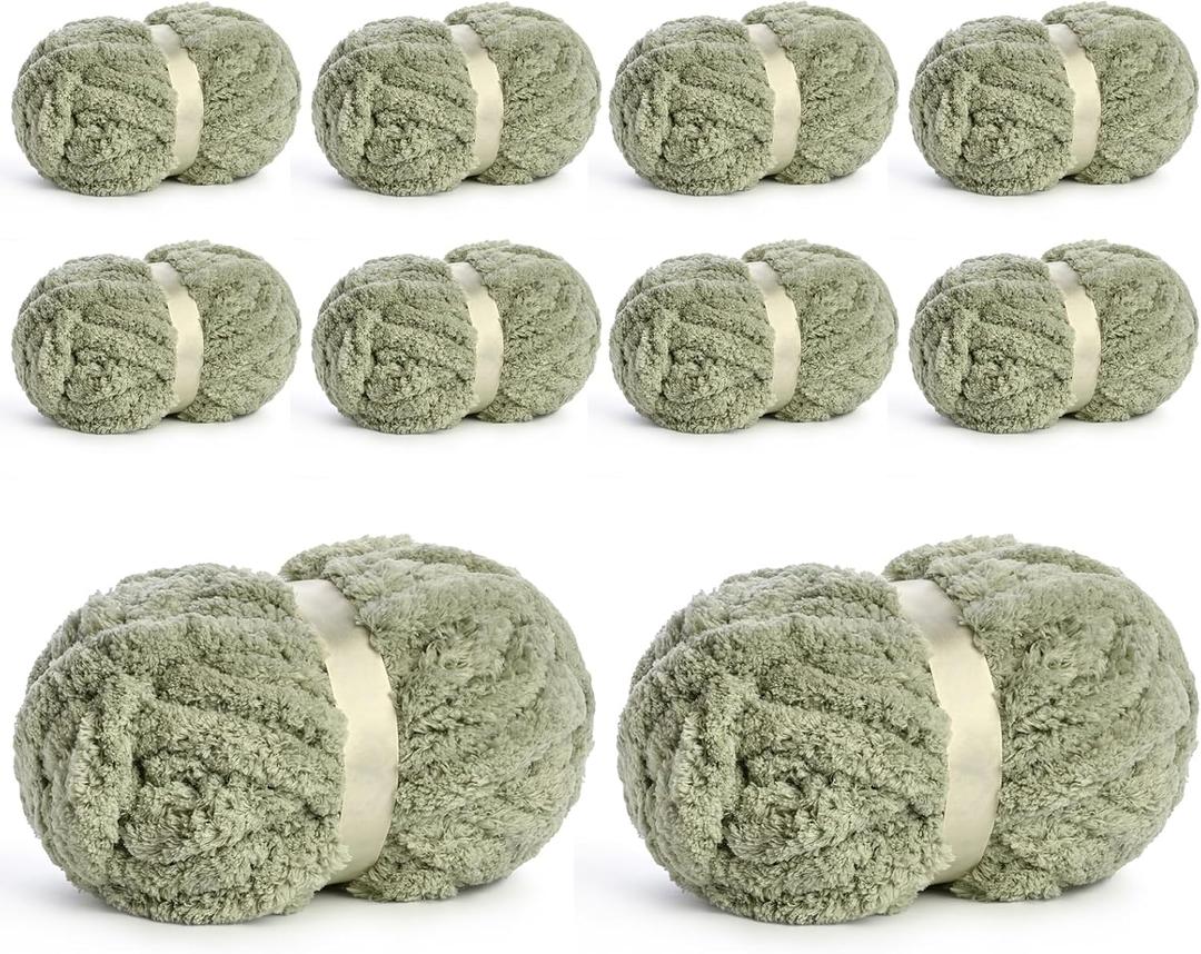 10 Pack Jumbo Chenille Yarn for Crocheting, #10 Super Bulky Baby Soft Yarn for Hand Knitting, 220 yds /70.5 oz Fluffy Chunky Knit Throw Blanket Yarn (Sage Green)