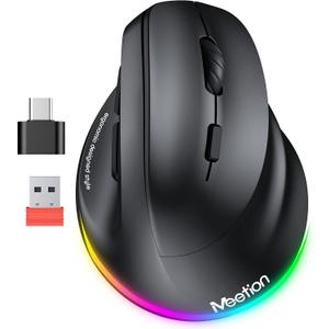 MEETION Ergonomic Mouse, Wireless Vertical Mouse RGB Backlit Rechargeable Mice for Bluetooth(5.2 + 3.0) & USB-A with USB-C Adapter 4 Adjustable DPI for Mac/Windows/Andriod/PC/Tablet/iPad Black