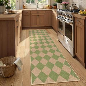Lahome Colette Checkered Green Runner Rug, 2x8 Carpet Runners for Hallway 8ft Non Slip Entryway Rug, Farmhouse Checkerboard Non Shedding Kitchen Mats for Floor Laundry Corridor