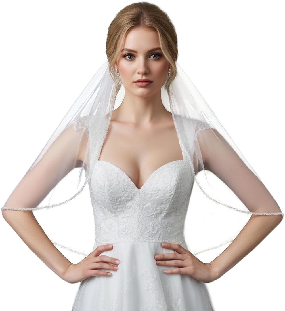 Wedding Veil for Bride 1 Tier Bridal Veil with Crystals Beaded Edge for Women and Brides (White)