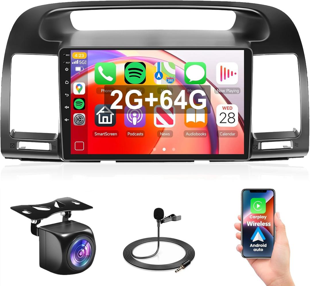 2G+64G Car Radio for Toyota Camry 2000-2006, Rimoody Car Stereo with Android 13 Carplay Android Auto 9 Inch Touch Screen GPS Navigation WiFi Bluetooth FM/RDS HiFi AHD Backup Camera