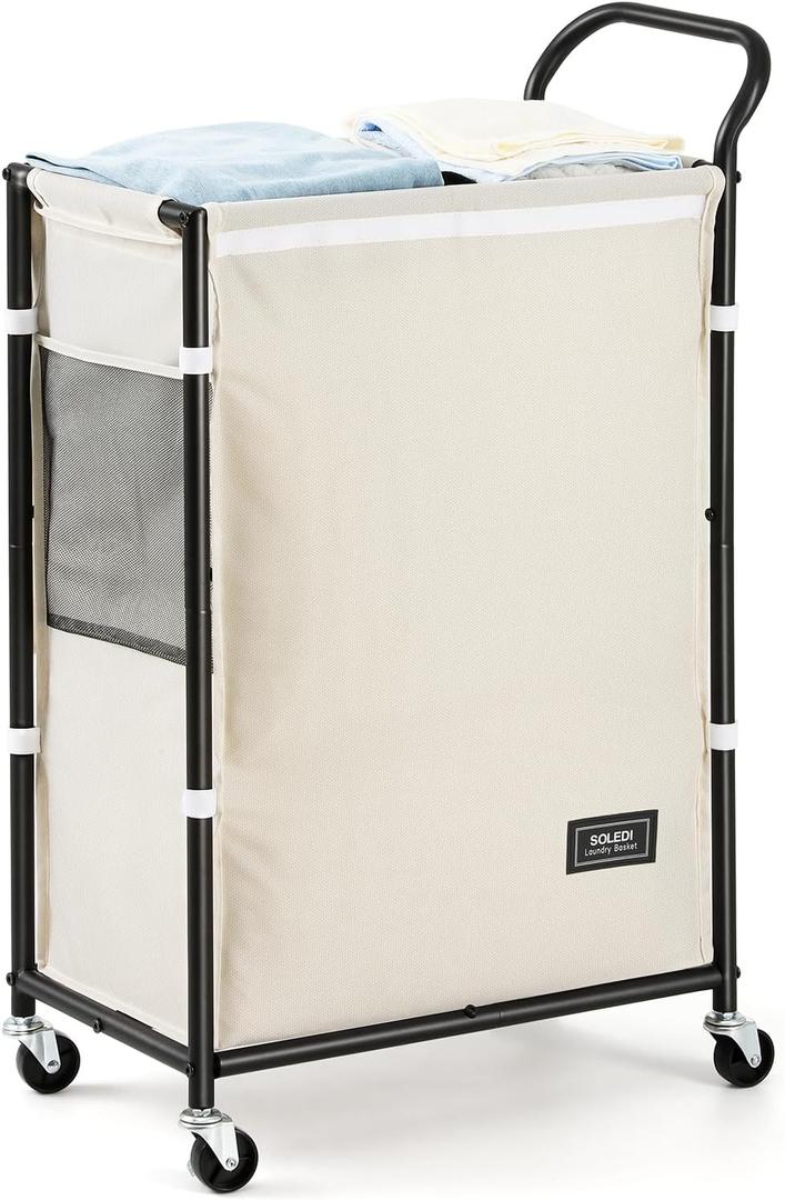 SOLEDI Slim Laundry Hamper with Wheels,23.8 Gallons (87L) Laundry Basket with Lid,Sturdy Metal Frame with Handle,Laundry Cart,Rolling Laundry Basket for Bedroom Aesthetic,Easy to Assemble,Ivory