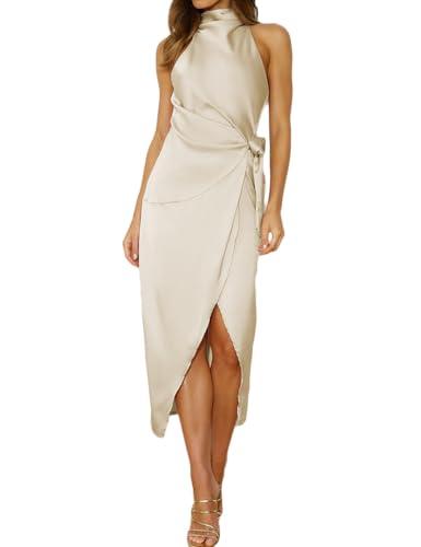 Halfisland Women’s Summer Satin High Neck Sleeveless Wrap Dress Elegant Mock Neck Tie Waist Cocktail Formal Dresses Champagne, S