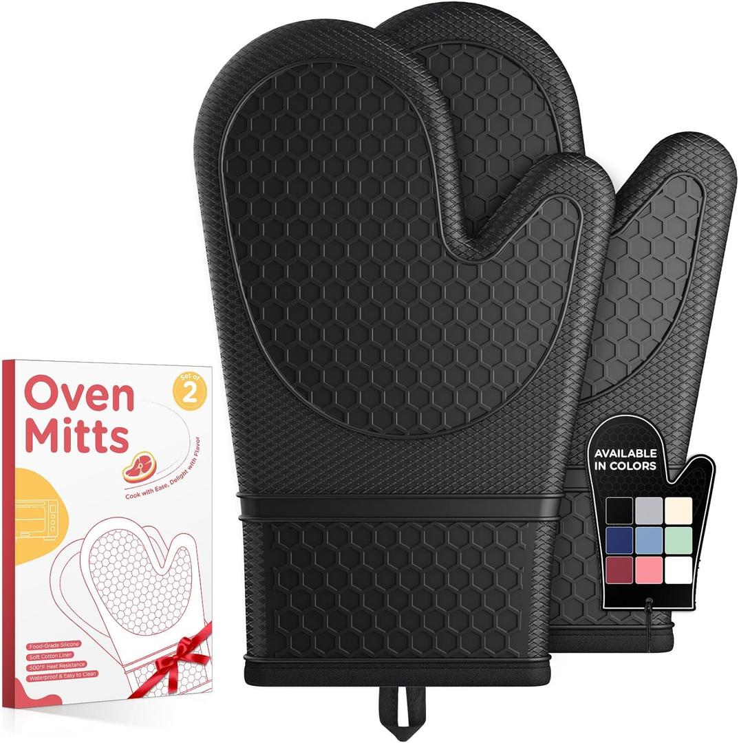 Kitsure Silicone Oven Mitts, Set of 2, Heat Resistant, Oven Gloves with Soft Lining, Non-Slip Kitchen Essentials, Kitchen Gadgets, Apartment Essentials, Great Gift for Cooking, Baking, Black (11.42"x7.09")