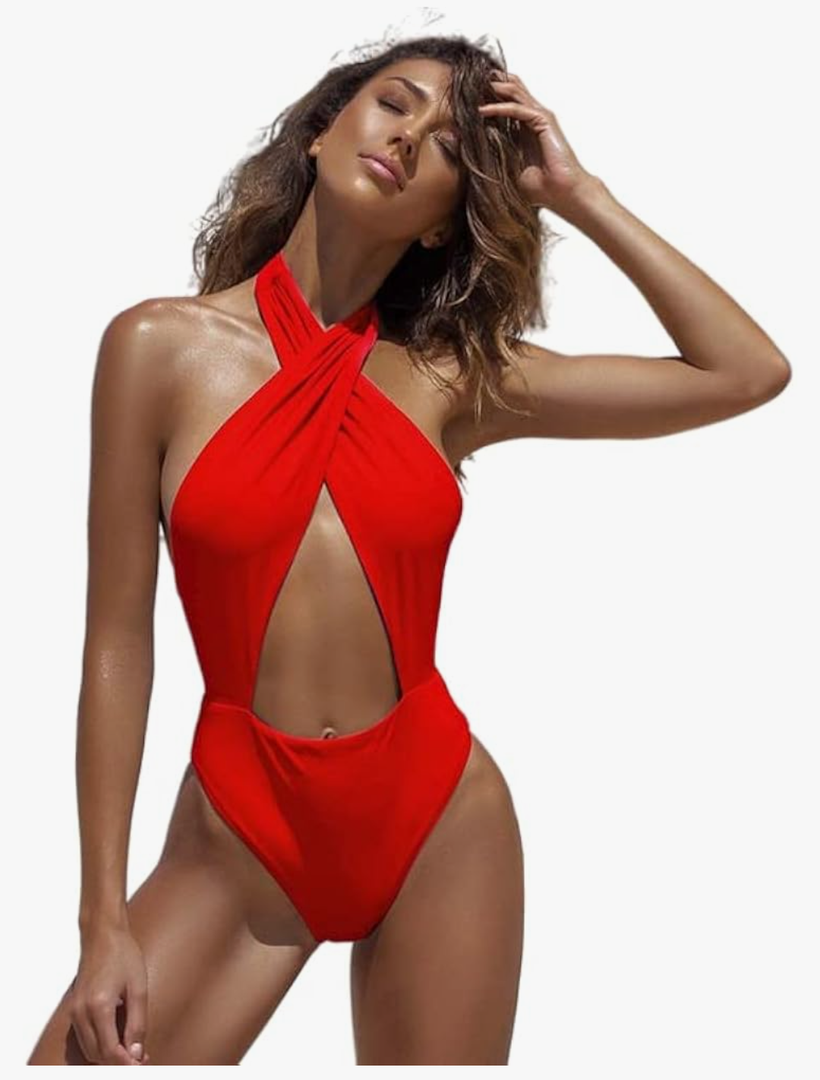 Swimsuits for Women Bikini Dress One Piece Front Cross Swimsuit Ins Style Cut-Out Ruched Solid High Waist Halter Bikini