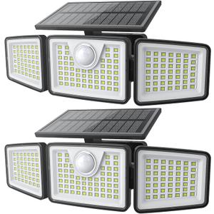 2500LM Solar Lights Outdoor with Motion Sensor,3 Head 270 Wide Angle Street Area Lights, IP65 Waterproof Security Lighting with 3 Modes(Non-Remote, 2 Pcs)