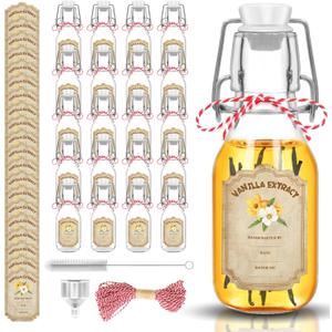 20 Pack Swing Top Glass Vanilla Extract Bottles 4 oz with Lids, Vanilla Extract Labels and Funnel, Glass Boston Vanilla Bottles for Syrup Gift, Flip Top Glass Bottles Jars for Vanilla Extract